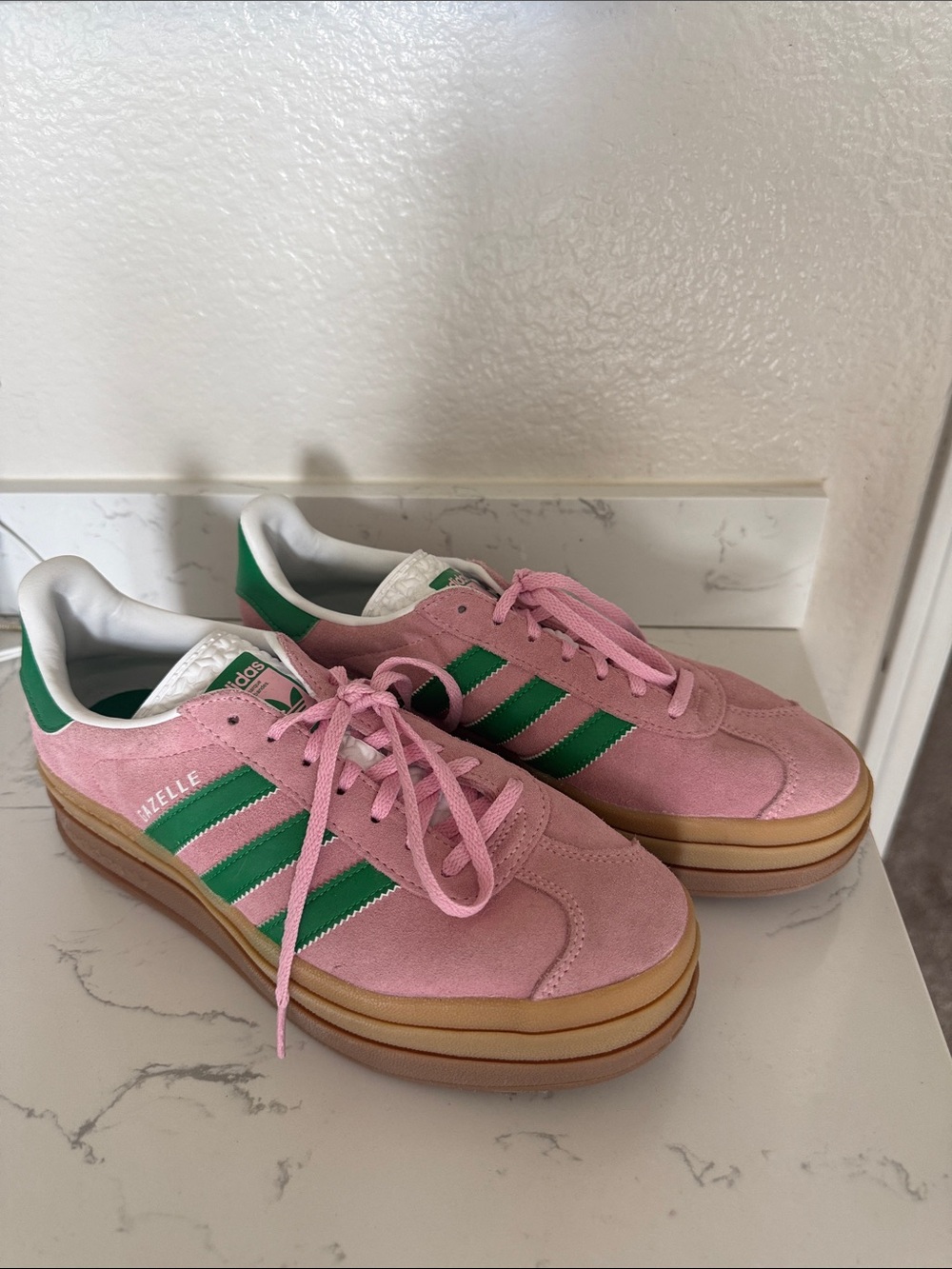 Adidas Pink Suede Gazelles with Green Stripes
